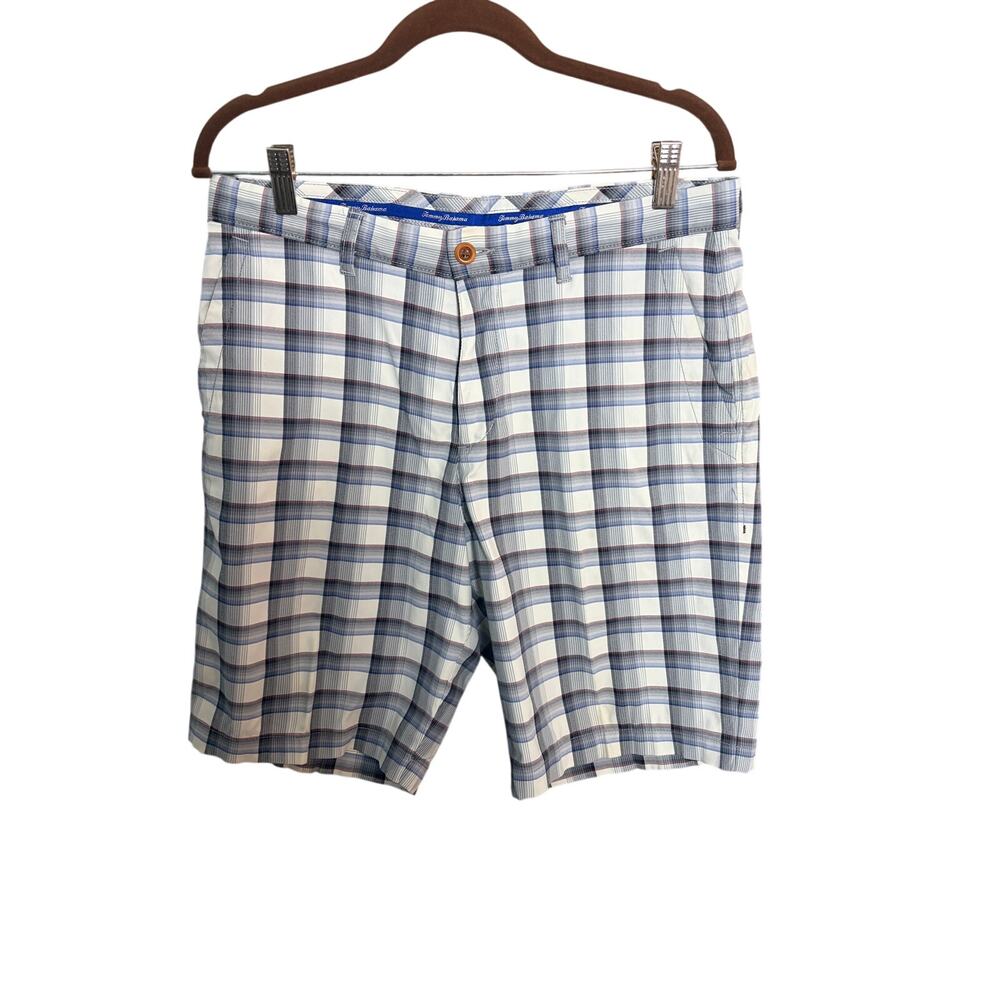 Tommy Bahama Plaid Golf Shorts Men's 32 Blue Gray White Stretch Performance